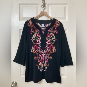 Chico's 3 Travelers Black Pink Split Neck 3/4 Sleeve Slinky Top 16 Casual Winter